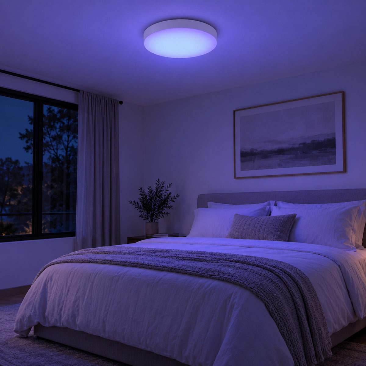 Plafonieră LSC cu lumină RGB violet și albastru într-un dormitor