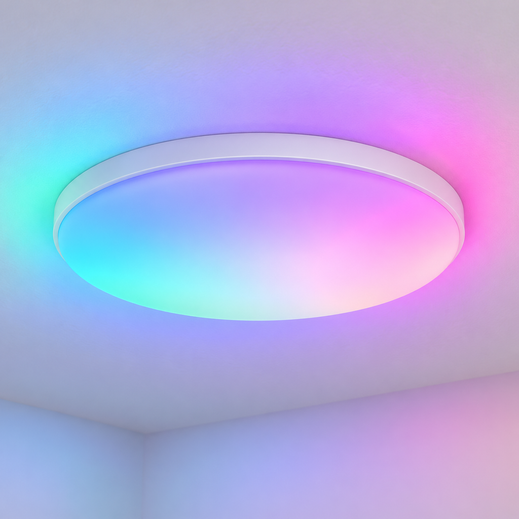 Plafonieră LSC Smart Connect într-un living cu lumină caldă