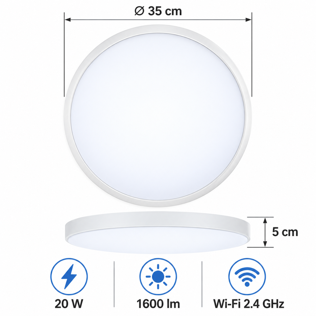 Dimensiuni și specificații plafonieră, 35 cm, 5 cm, 20 W, 1600 lm, WiFi 2.4 GHz