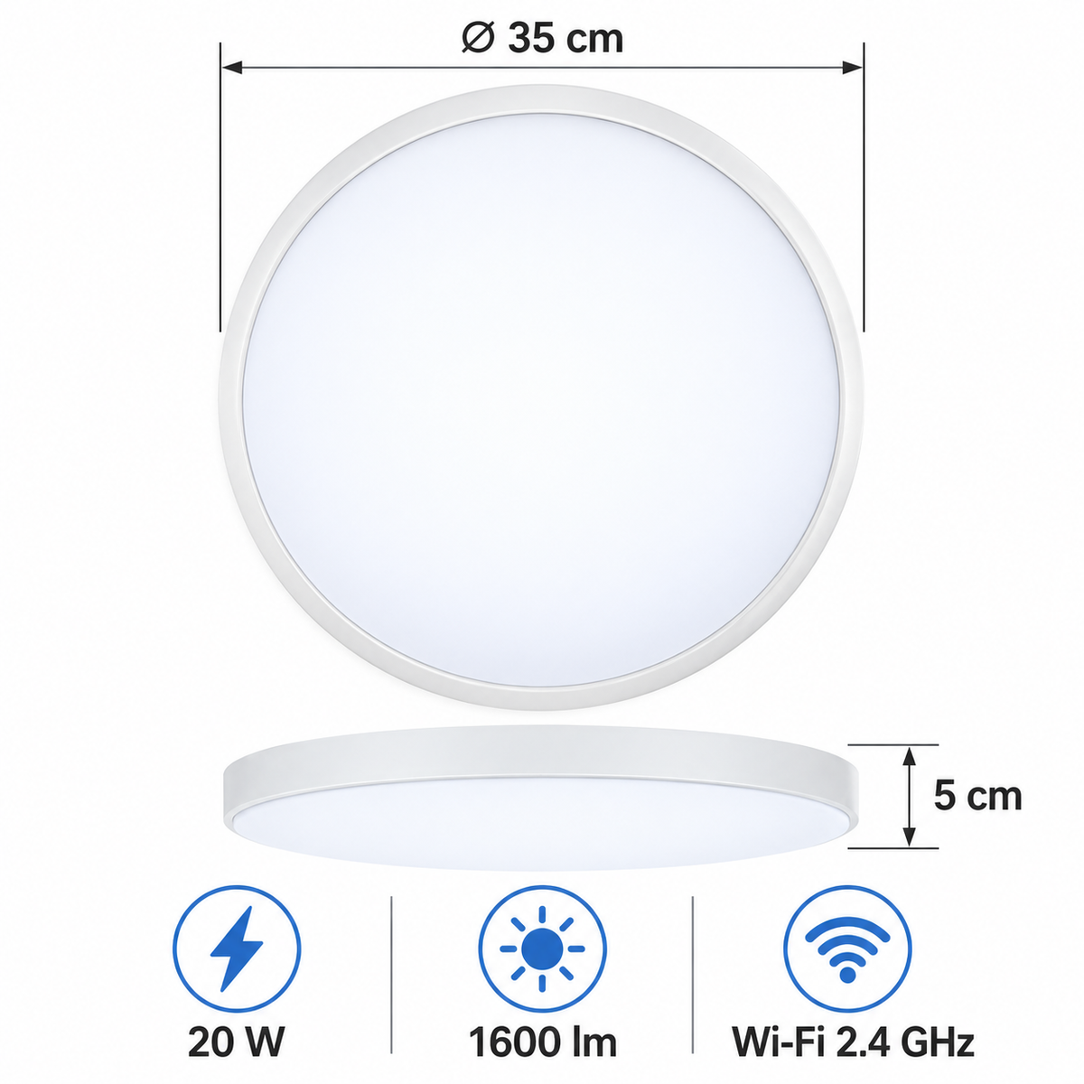 Dimensiuni și specificații plafonieră, 35 cm, 5 cm, 20 W, 1600 lm, WiFi 2.4 GHz