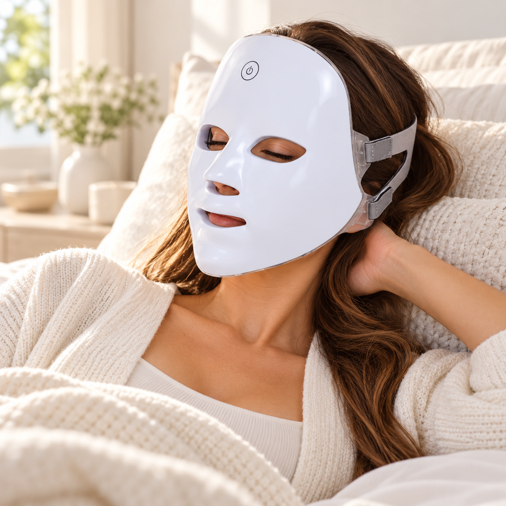 Femeie folosind masca facială LED acasă