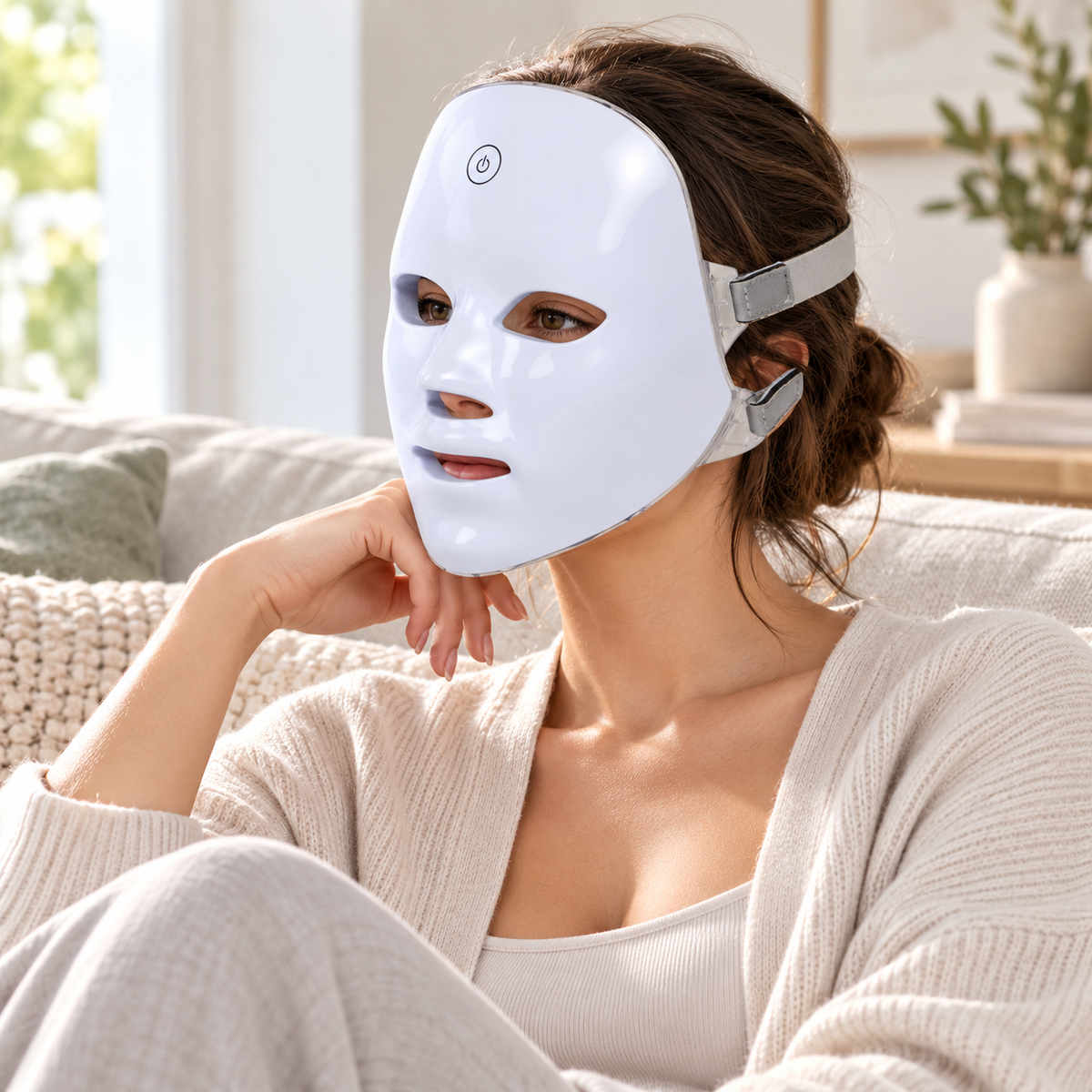 Femeie folosind masca facială LED în living