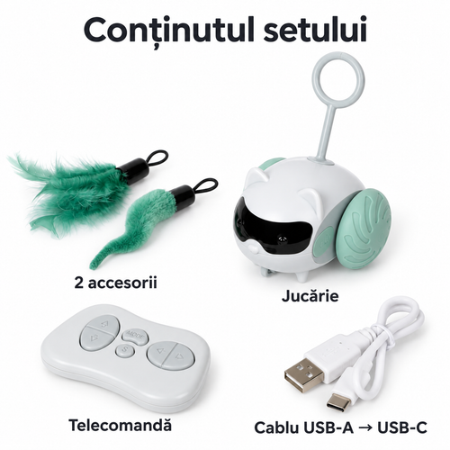 Conținutul setului Nedis: jucărie, telecomandă, două accesorii și cablu USB-A la USB-C
