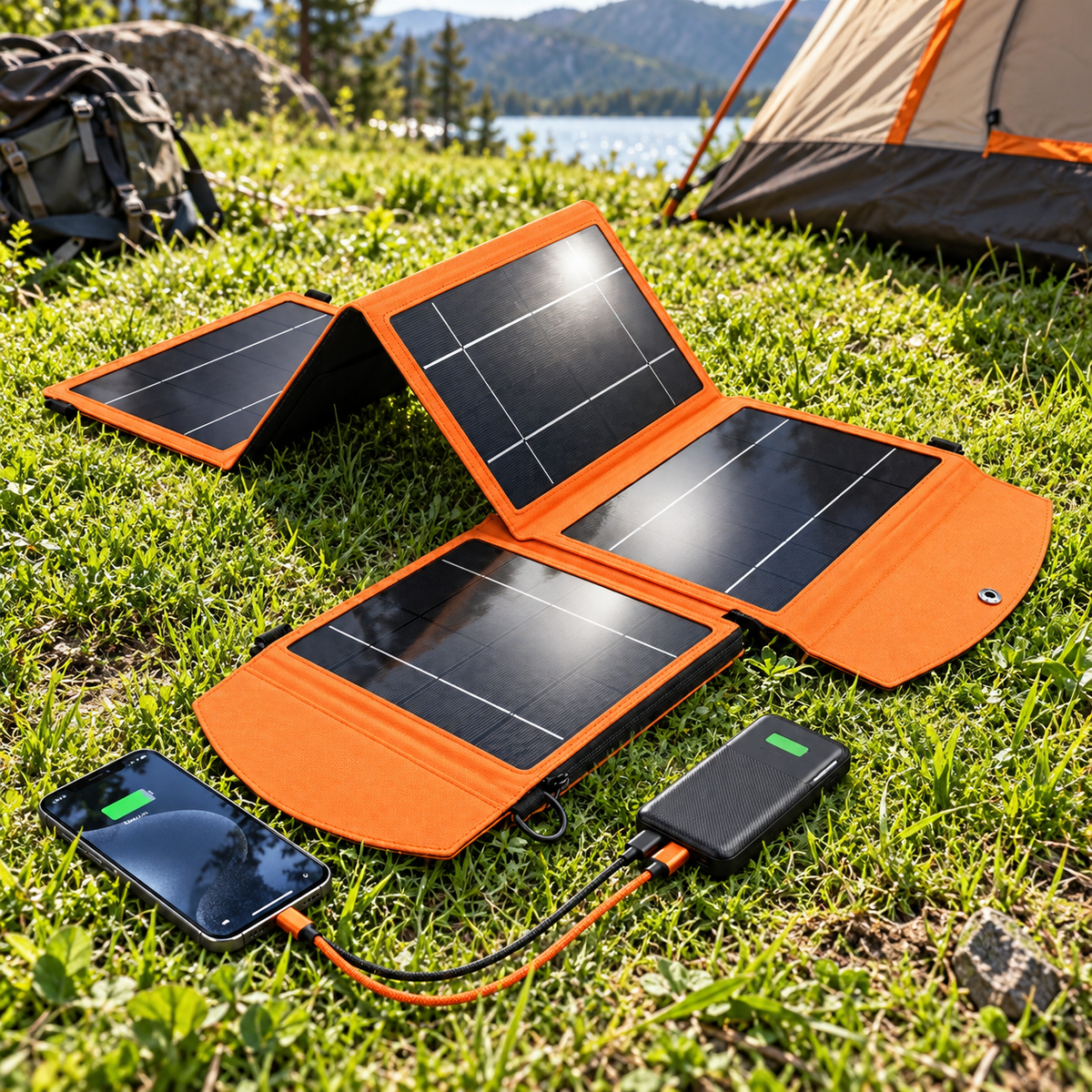 Panou solar S-Eye desfășurat pe iarbă lângă telefon
