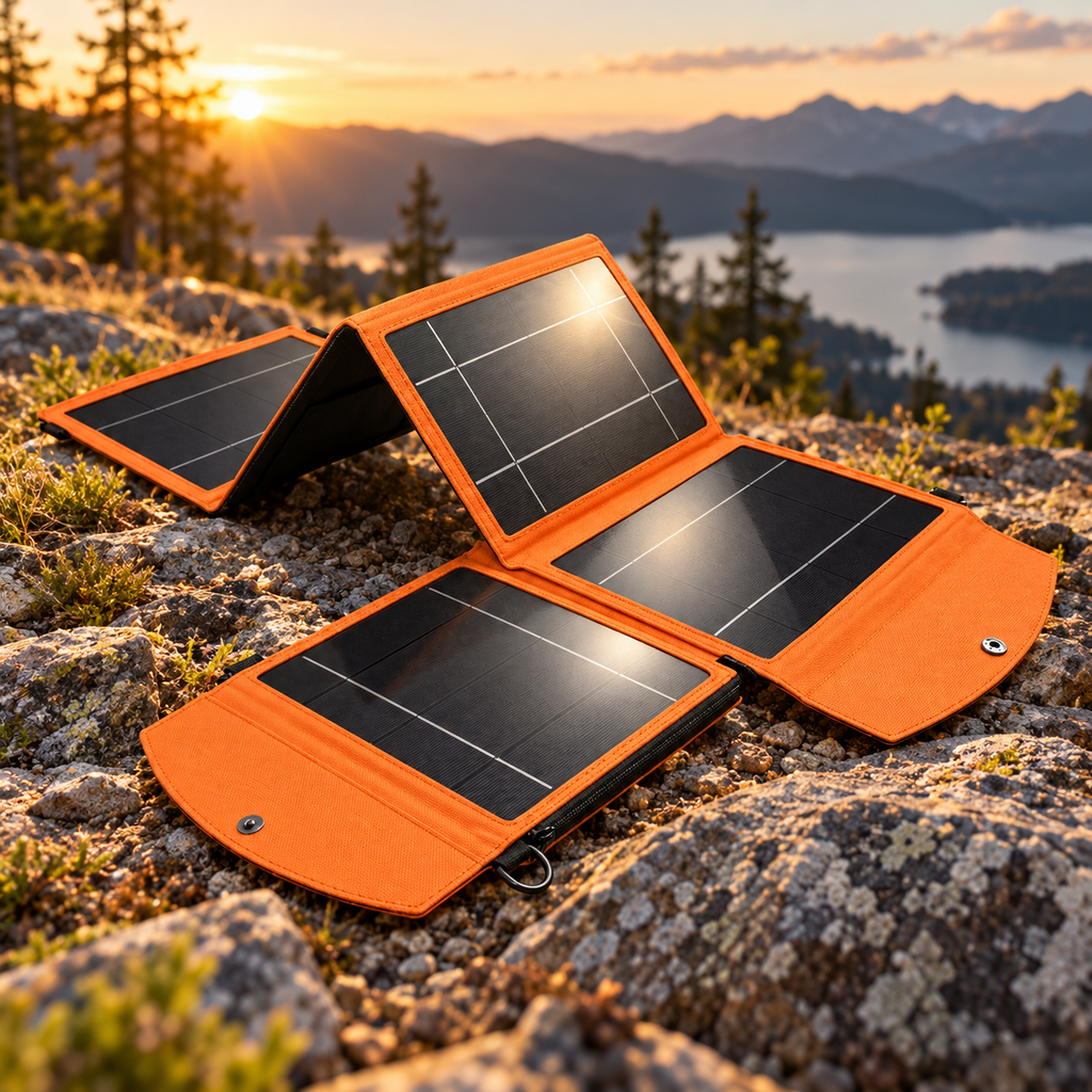 Panou solar pliabil S-Eye într-un peisaj de munte la apus