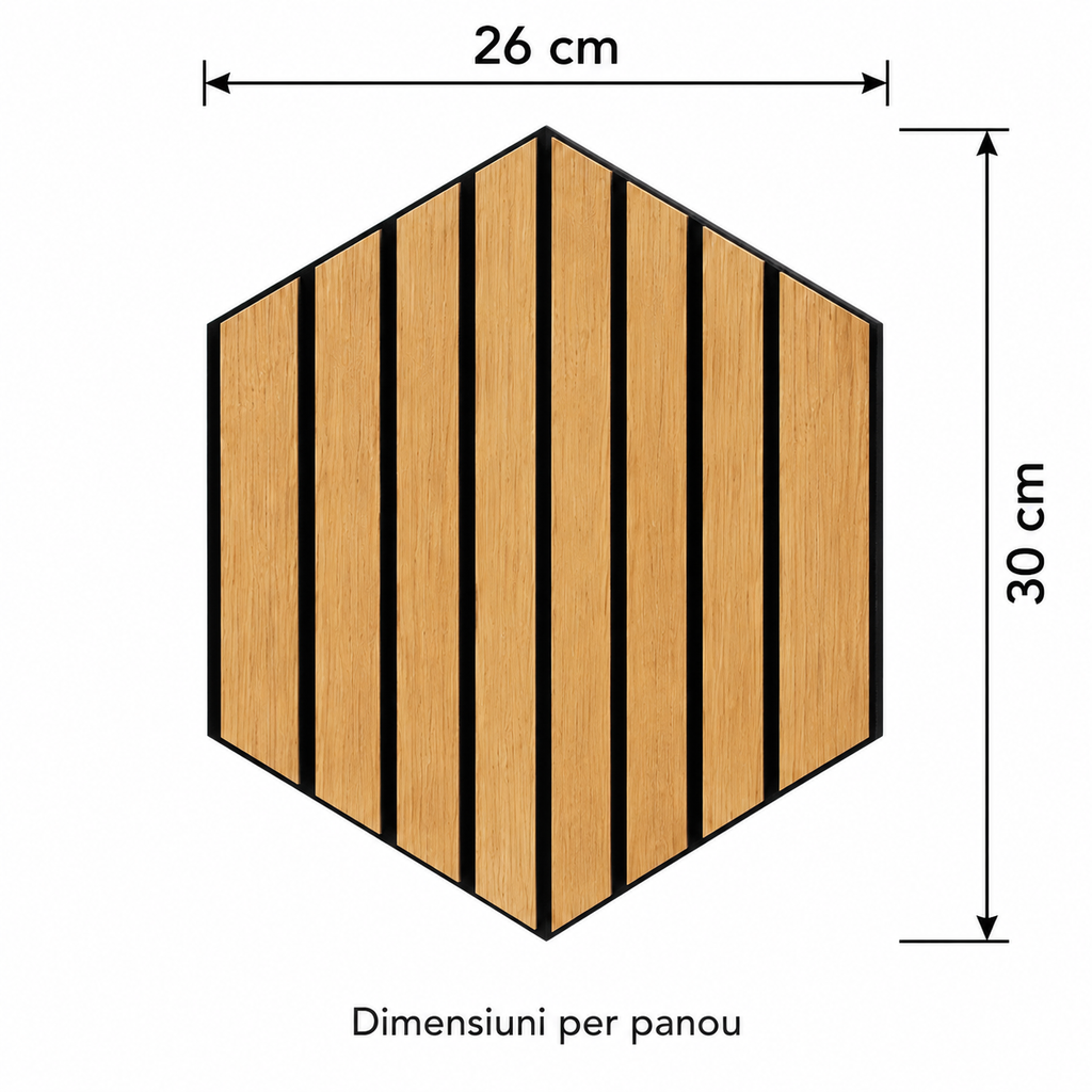 Panou hexagonal din lemn, lățime 26 cm și înălțime 30 cm