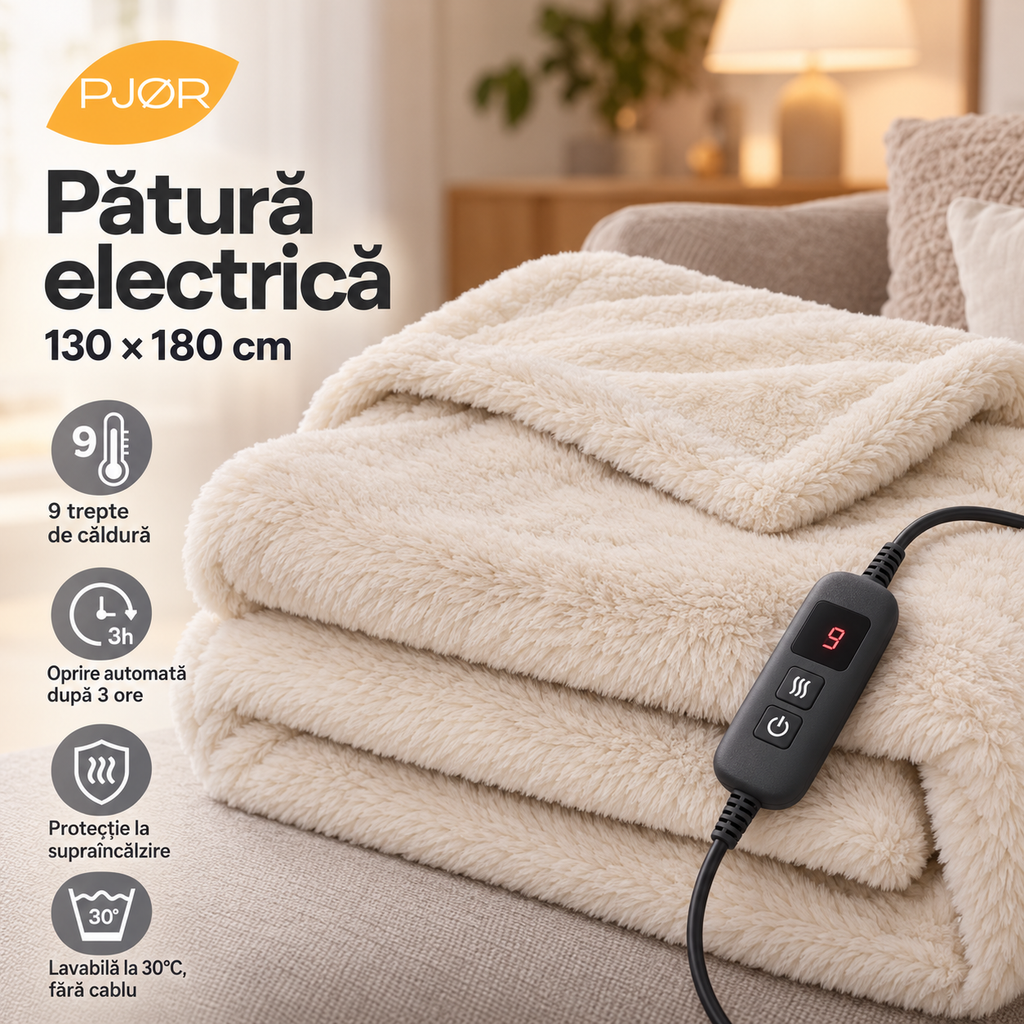 Pătură electrică pufoasă crem 130x180 cm, technicalproduct