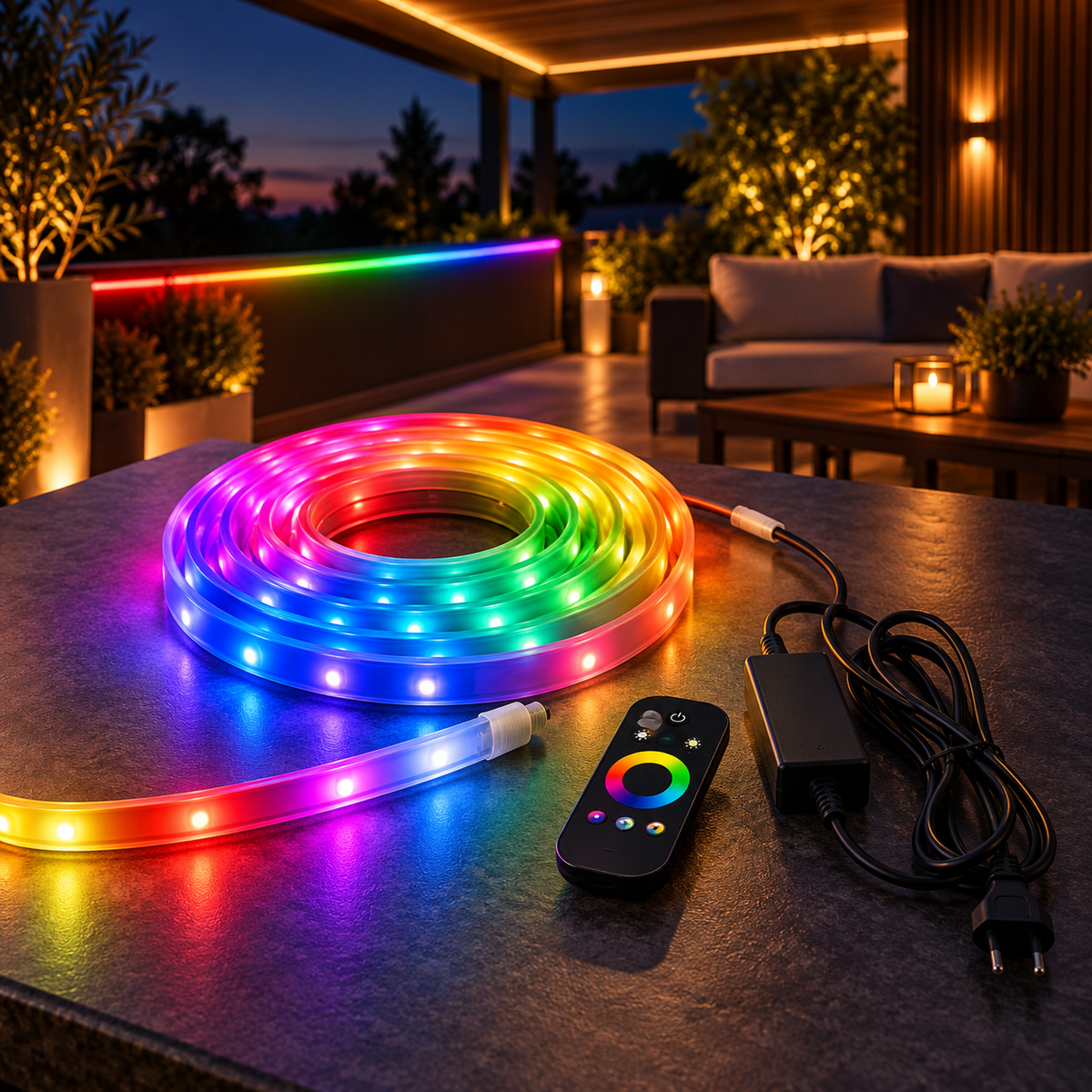 Bandă LED Philips RGB în scenă premium de terasă, cu telecomandă și alimentare