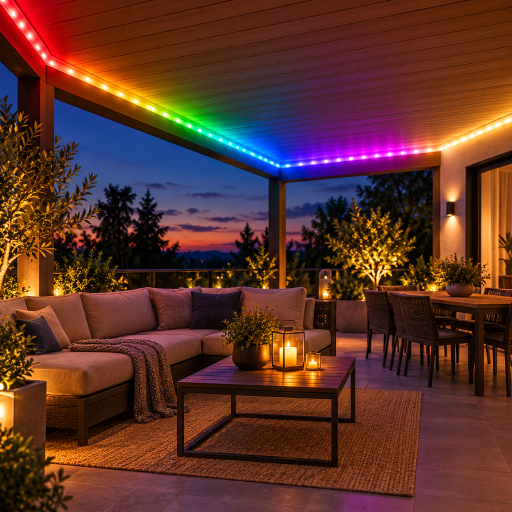 Bandă LED RGB montată pe terasa acoperită