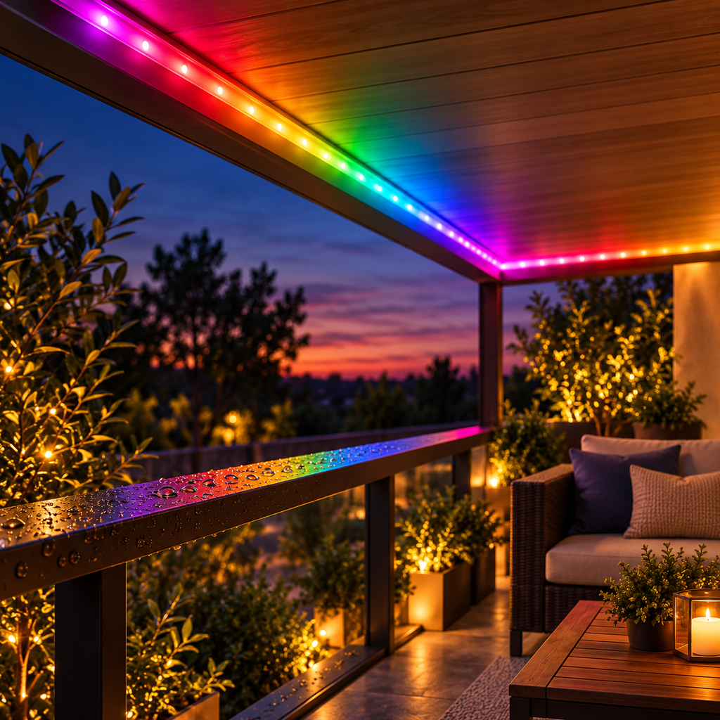 Bandă LED RGB pe balcon acoperit, ferită de ploaie directă