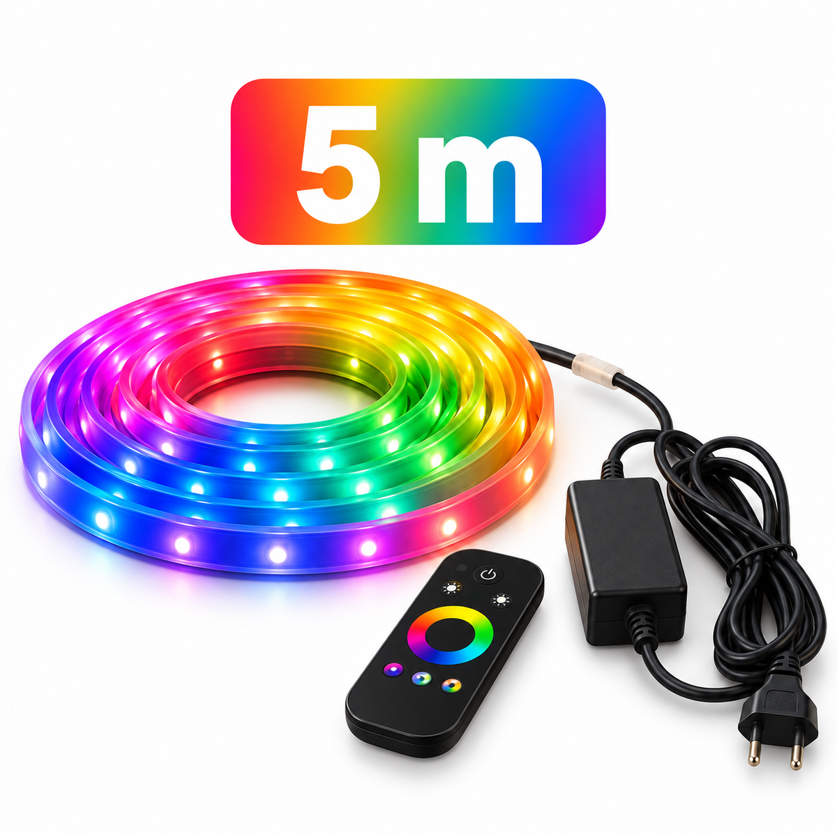 Bandă LED RGB de 5 metri cu telecomandă și alimentare