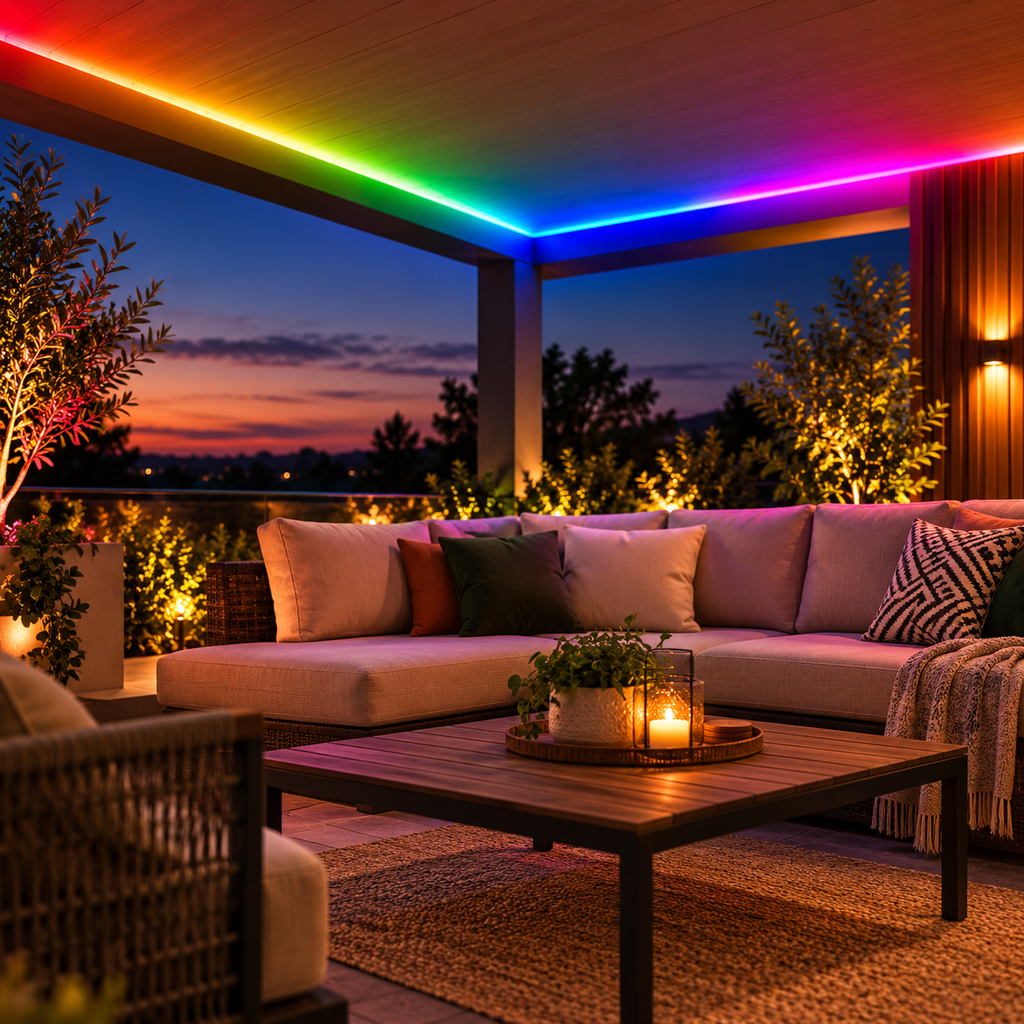 Iluminare RGB pe balcon acoperit la lăsarea serii