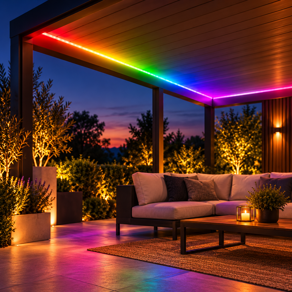 Bandă LED RGB montată pe o pergolă acoperită
