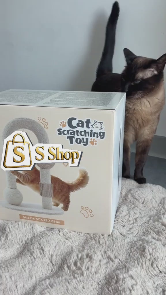 Stâlp de zgâriat pentru pisici din material teddy cu jucărie și suprafețe de sisal, 65 cm