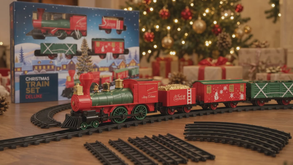 🚂 Trenuleț de Crăciun Deluxe cu Lumini și Sunete – Locomotivă, 3 Vagoane, 10 Șine, 3+ ani