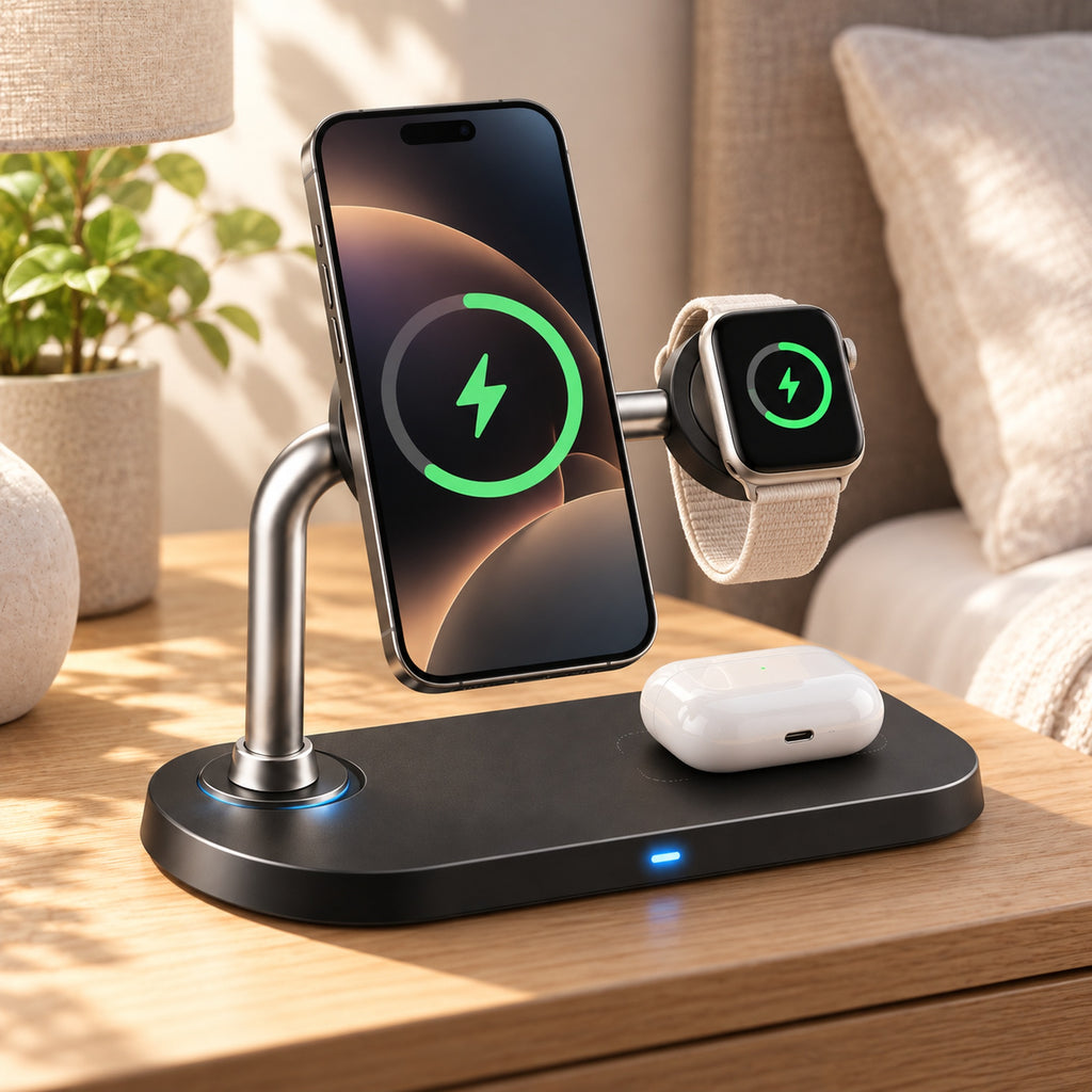 Imagine de prezentare: ⚡ Stație Încărcare Wireless Grundig Qi2 3-în-1 – 15W, Telefon + Smartwatch + Căști Simultan