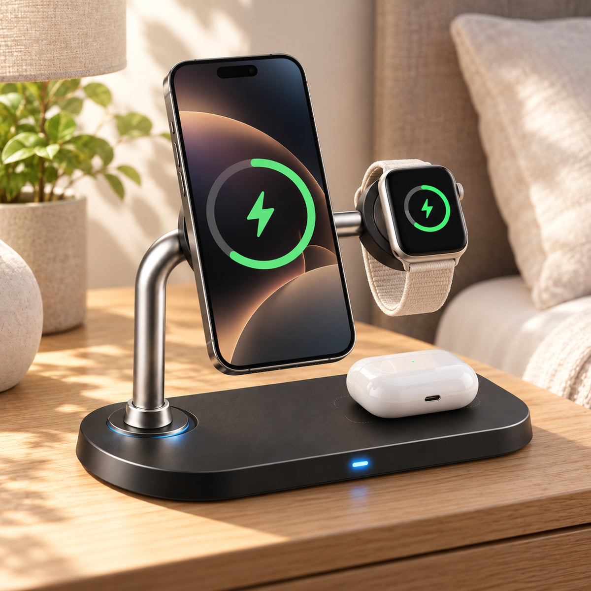 Imagine de prezentare: ⚡ Stație Încărcare Wireless Grundig Qi2 3-în-1 – 15W, Telefon + Smartwatch + Căști Simultan