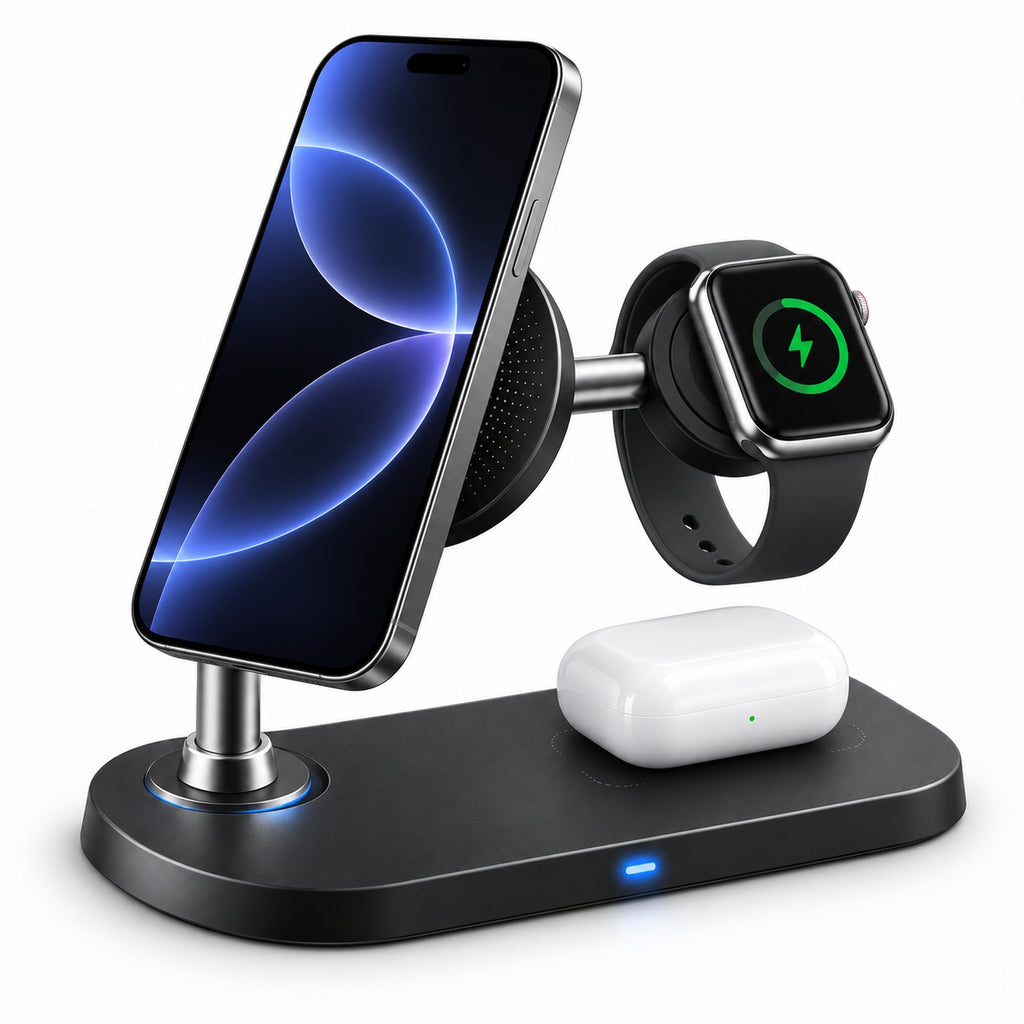 Imagine de prezentare: ⚡ Stație Încărcare Wireless Grundig Qi2 3-în-1 – 15W, Telefon + Smartwatch + Căști Simultan