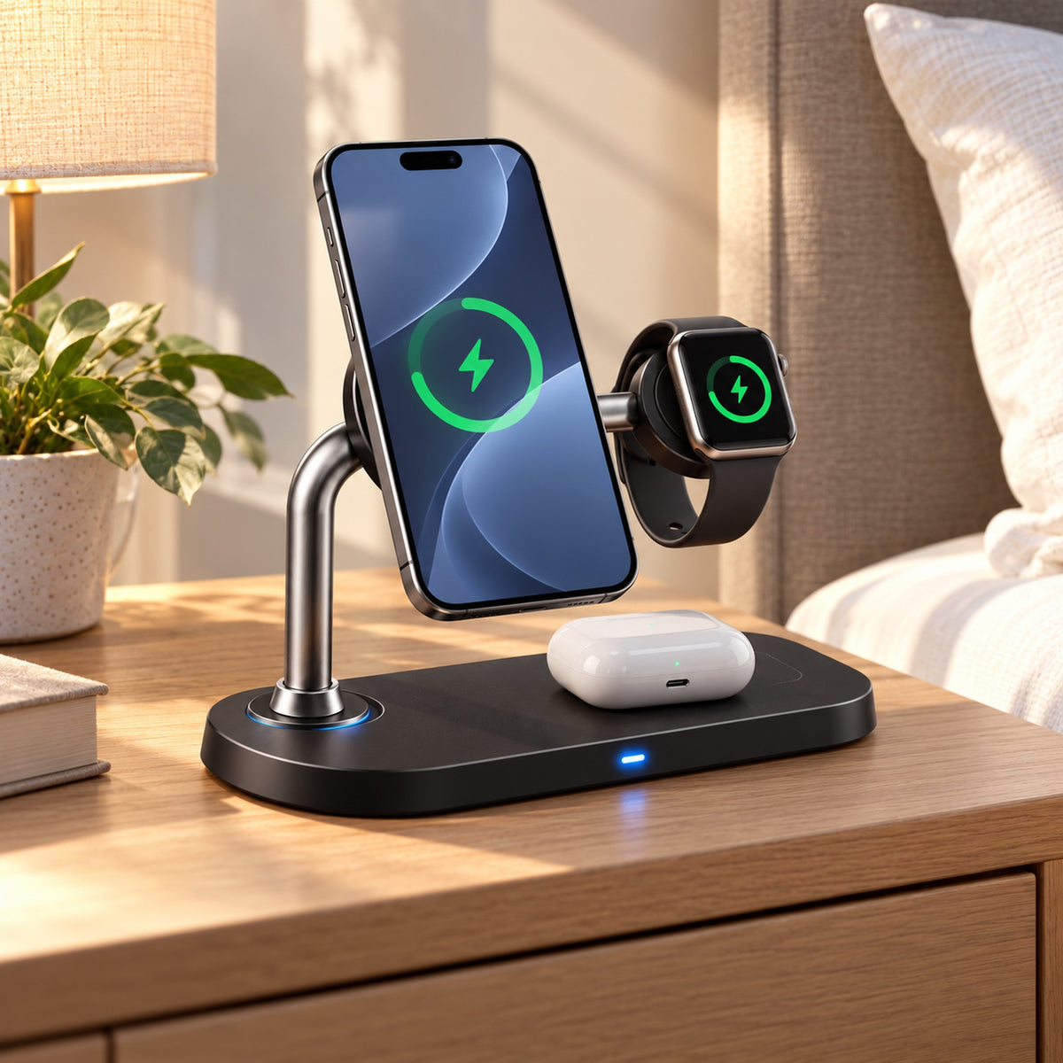 Imagine de prezentare: ⚡ Stație Încărcare Wireless Grundig Qi2 3-în-1 – 15W, Telefon + Smartwatch + Căști Simultan