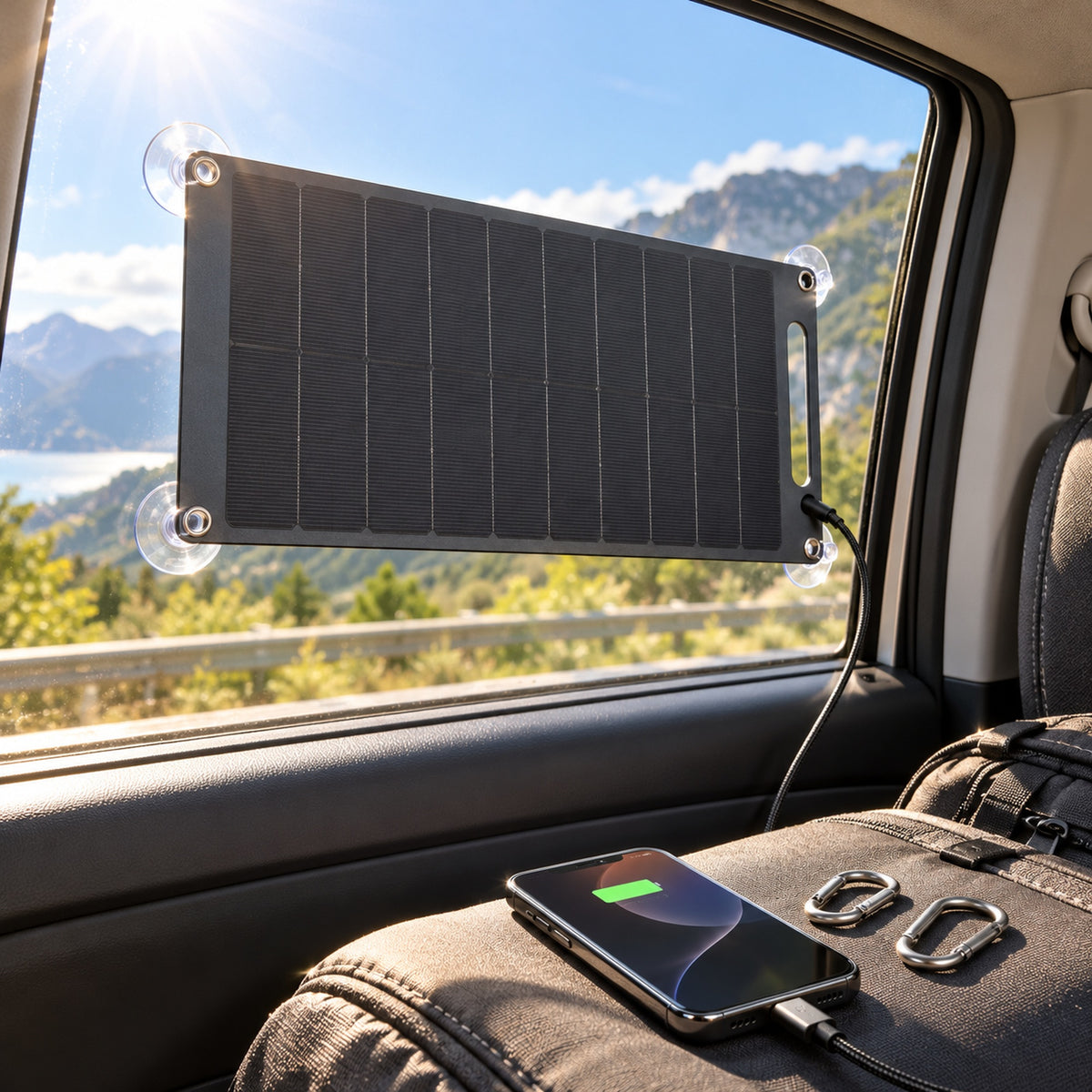 Imagine de prezentare 1: ☀️ Panou Solar Portabil S-Eye 10W – Monocristalin, Ventuze, USB-A, Certificare TÜV, IPX4, Camping