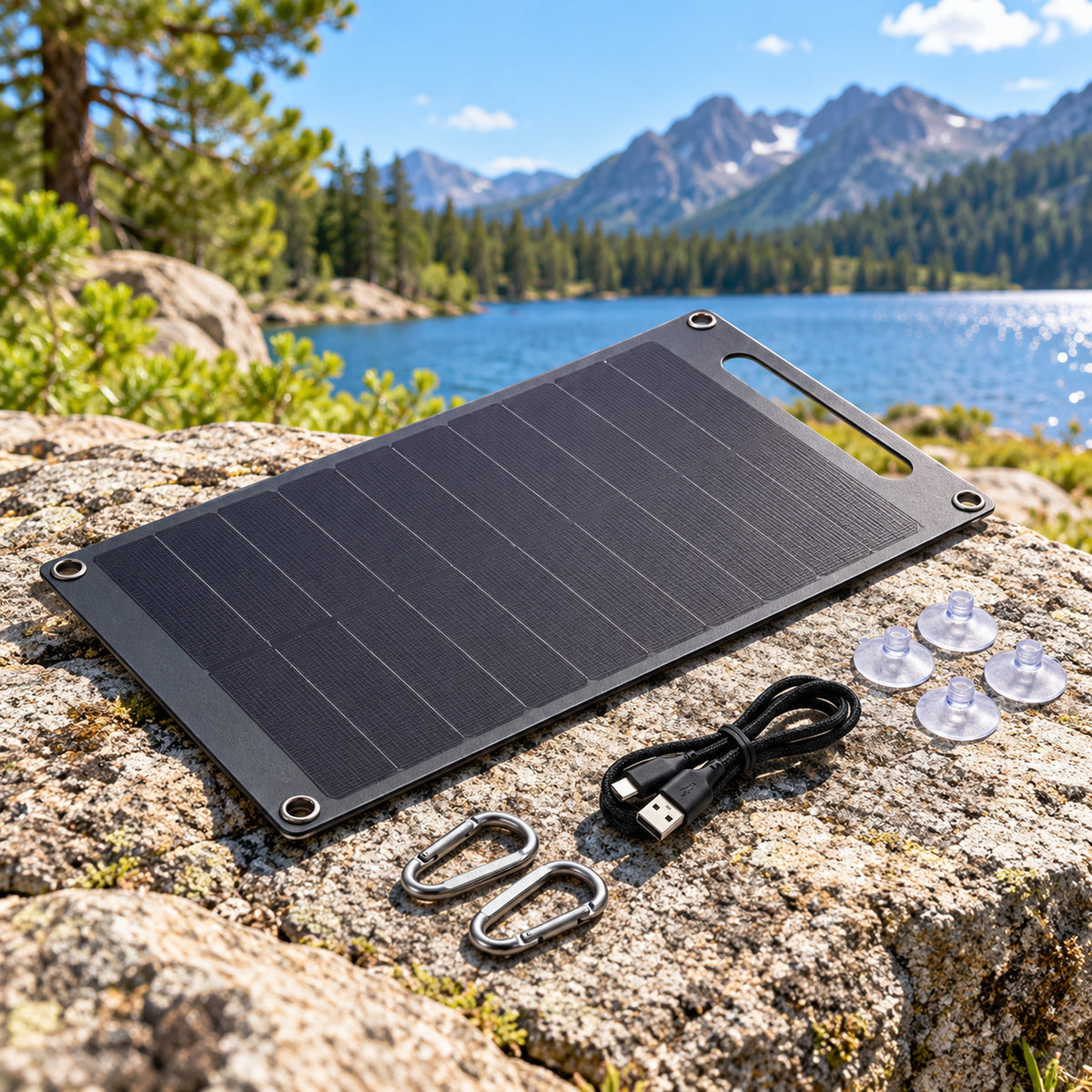 Imagine de prezentare 2: ☀️ Panou Solar Portabil S-Eye 10W – Monocristalin, Ventuze, USB-A, Certificare TÜV, IPX4, Camping