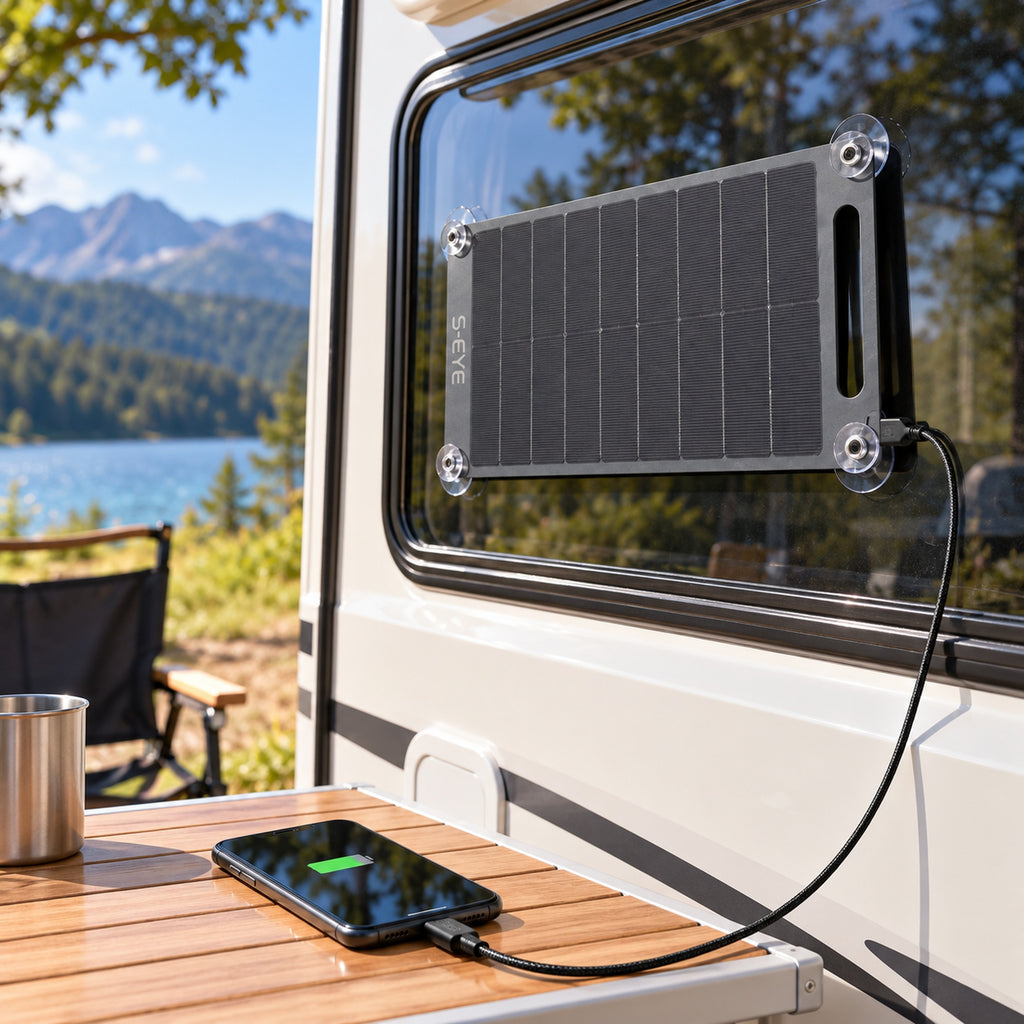 Imagine de prezentare 3: ☀️ Panou Solar Portabil S-Eye 10W – Monocristalin, Ventuze, USB-A, Certificare TÜV, IPX4, Camping