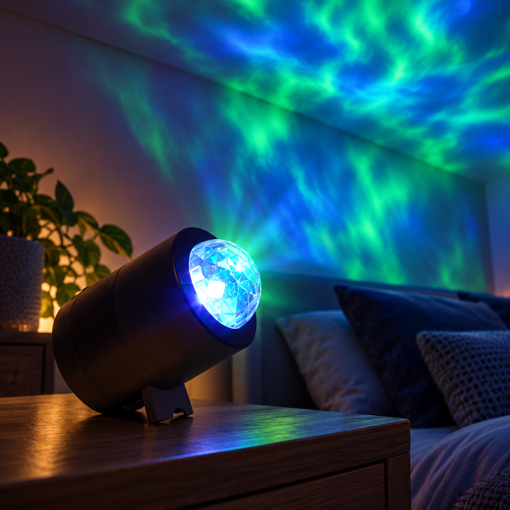 Proiector Northern Lights pe noptieră, cu lumină verde și albastră pe perete și tavan