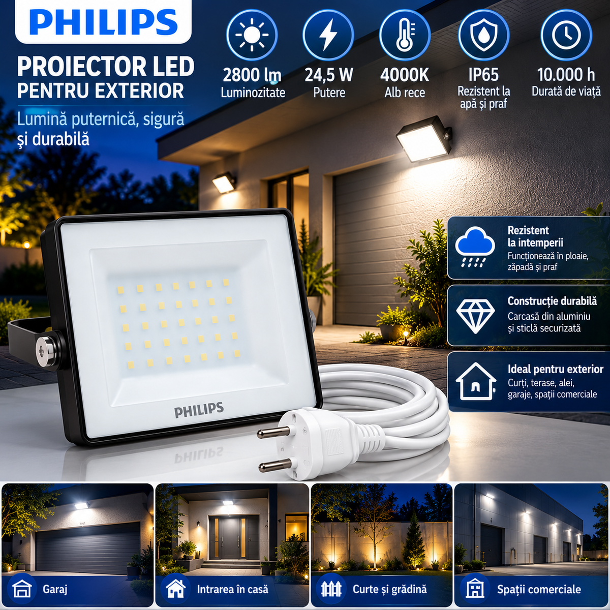 Proiector LED Philips 24,5W 2800 lm 4000K IP65 pentru exterior
