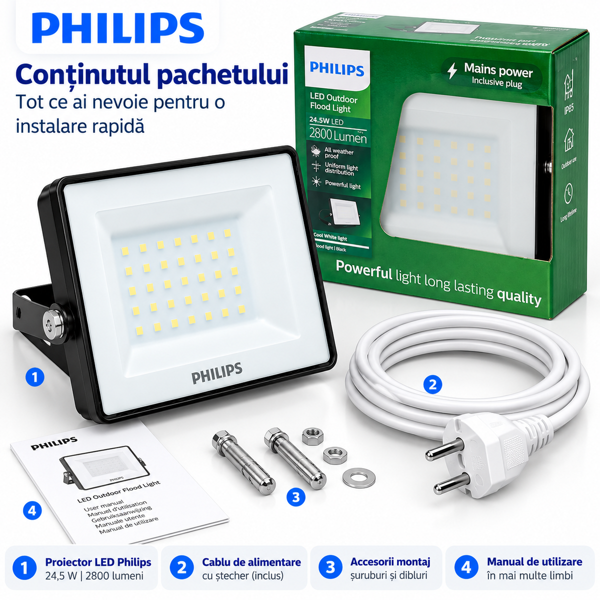 Proiector LED Philips 24,5W 2800 lm 4000K IP65 pentru exterior