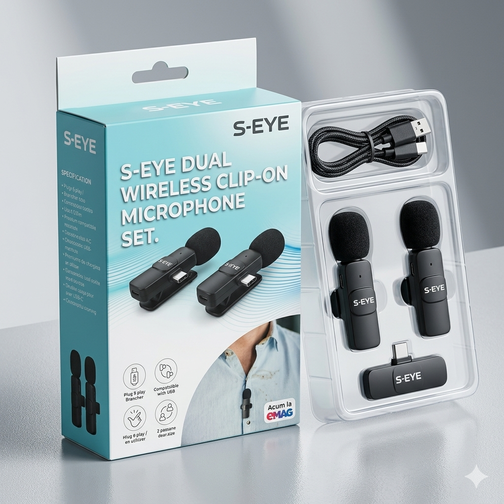 Set 2 Microfoane Wireless Lavalieră S-Eye – Clip-On USB-C, Plug & Play, Rază 20m