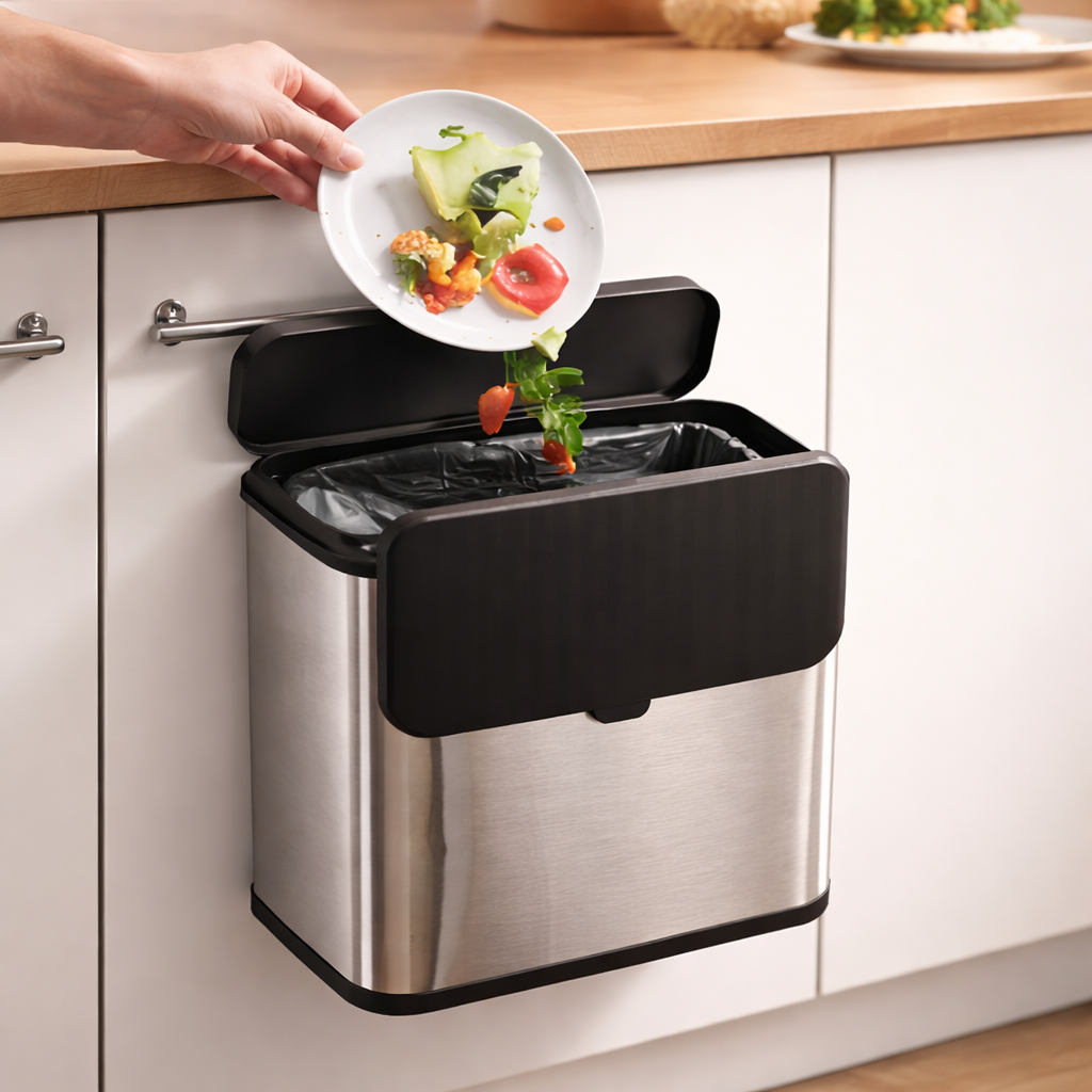 S-Eye Cos de Gunoi Suspendat 5L Inox – Rezistent la Amprente | Galeata Detasabila 100% Reciclata | Montaj Usa Dulap Bucatarie