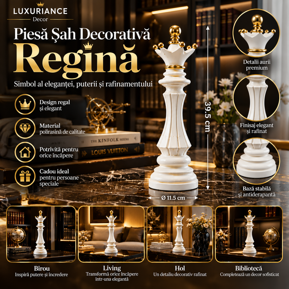 Piesă de șah decorativă Regină, alb cu detalii aurii