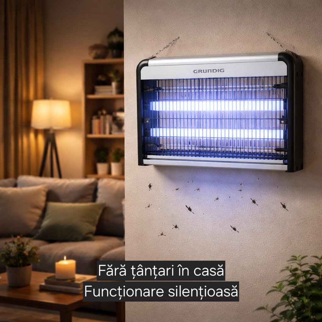 Aparat Anti-Insecte Electric Grundig 4W, Tuburi UV, Grila Electrica, Acoperire 20mp, Silentios, Fara Chimicale, Cablu 1.2m, Suspendare
