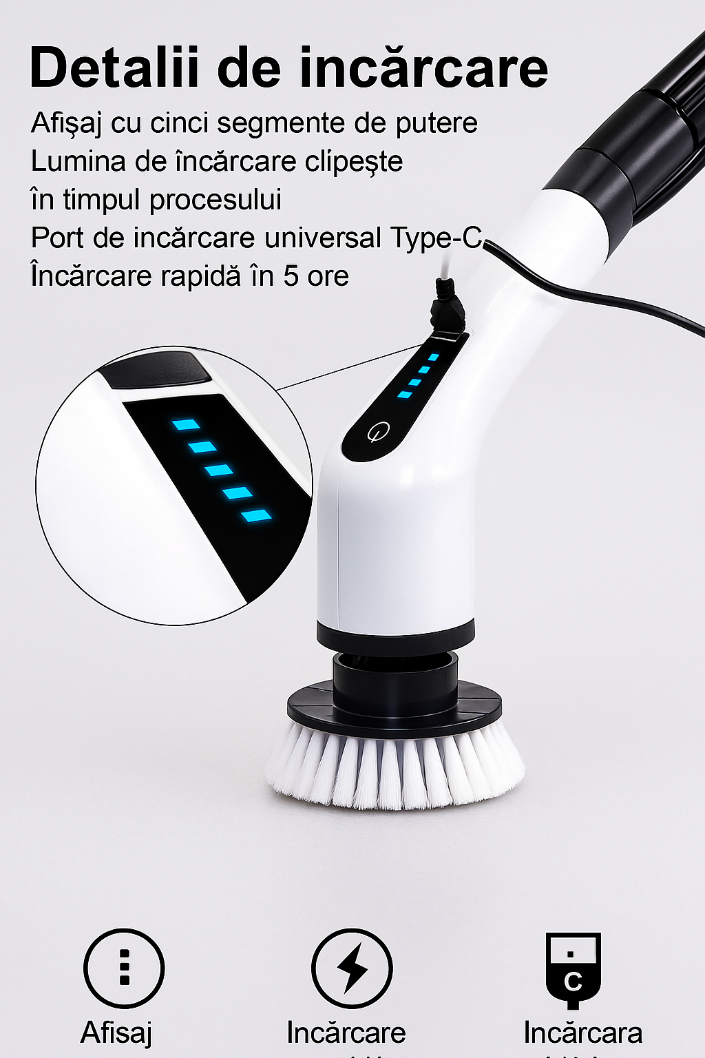Perie Electrica Rotativa S-Eye, 9 Capete Interschimbabile, 450 RPM, 2 Trepte Viteza, Maner Extensibil 137 cm, Autonomie 90 min, Incarcare USB – Curatenie Rapida Baie, Bucatarie, Auto