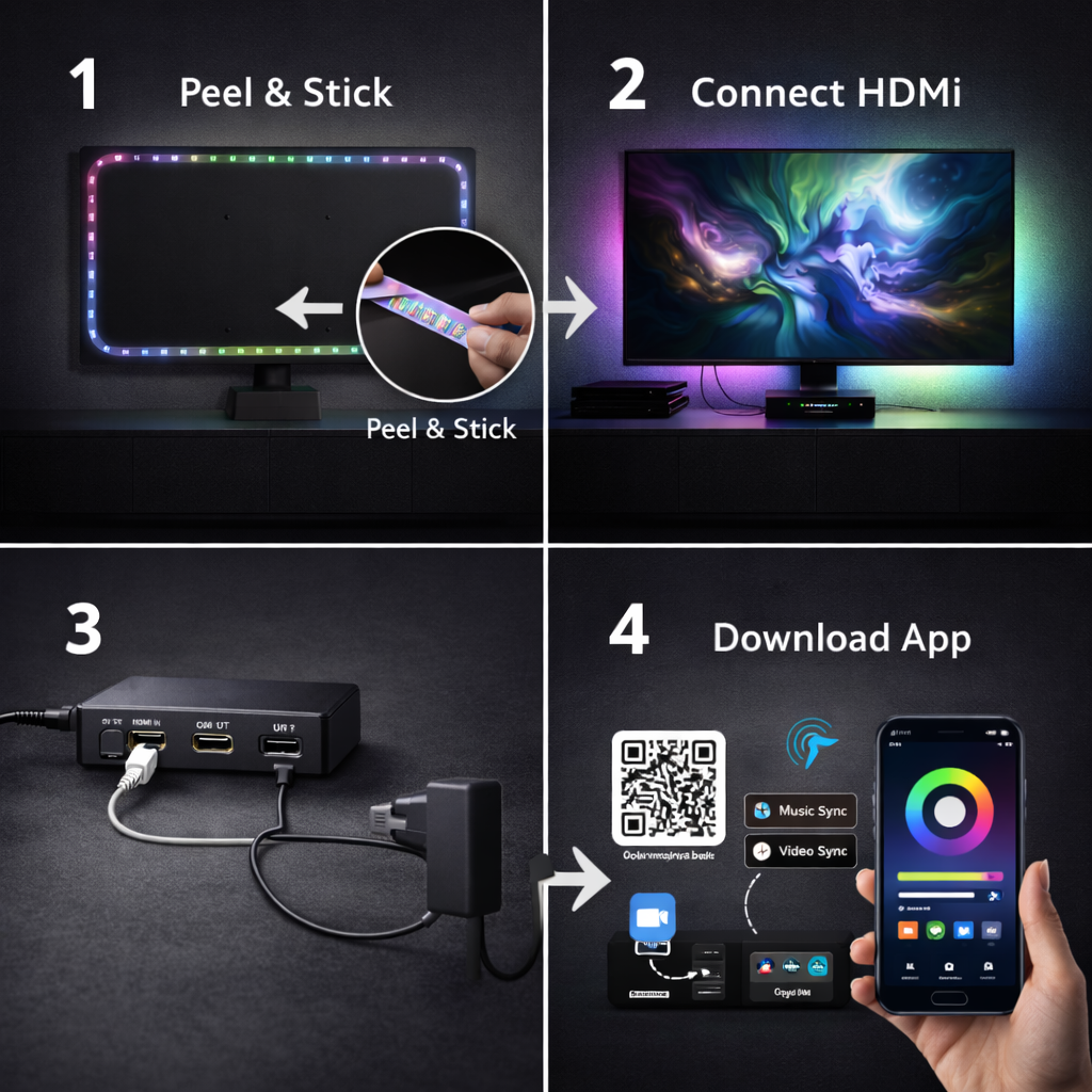 S-Eye AmbientSync Pro – Lumina Ambientala care Urmareste Imaginea TV | Banda LED RGBIC HDMI Sync 2.6m