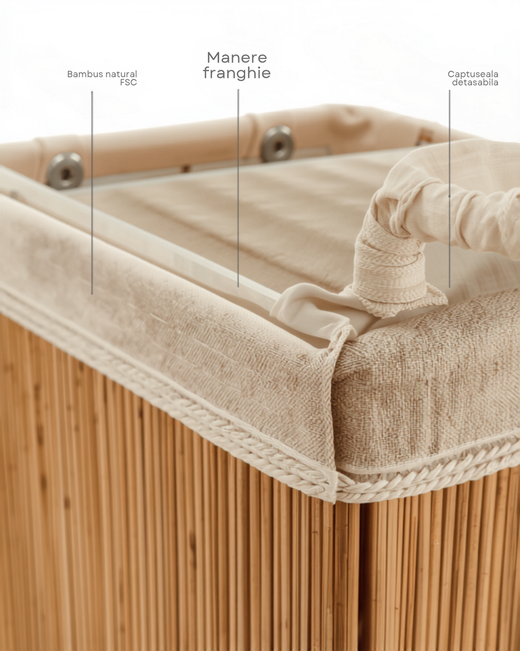 🧺 Coș de Rufe din Bambus 60L cu Capac și Căptușeală Textilă – 41,5x30x50 cm
