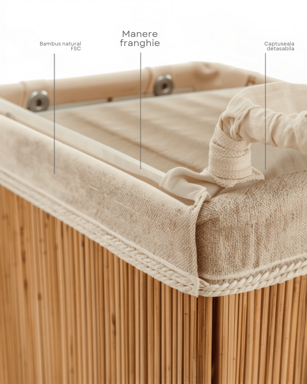 🧺 Coș de Rufe din Bambus 60L cu Capac și Căptușeală Textilă – 41,5x30x50 cm