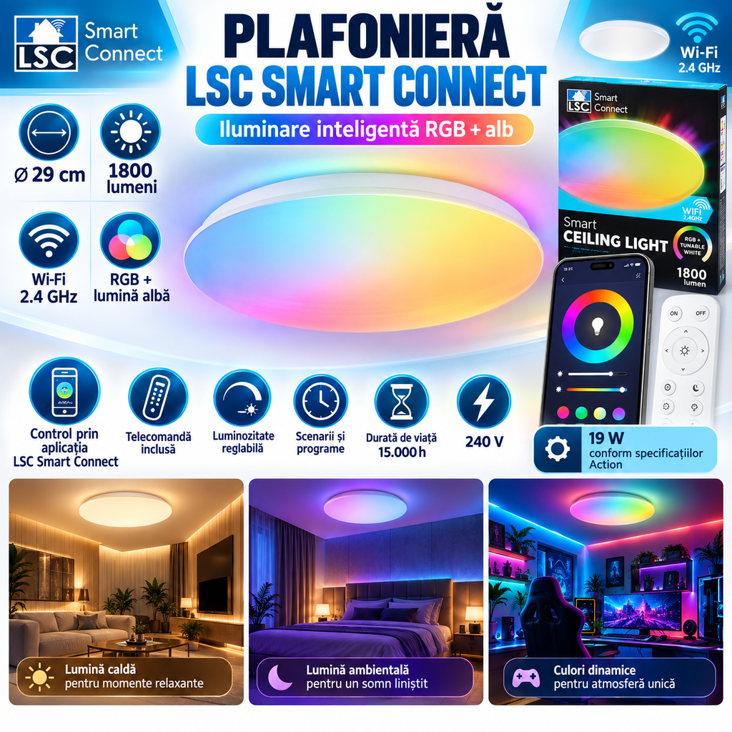 Plafonieră LED smart RGB 29 cm cu telecomandă