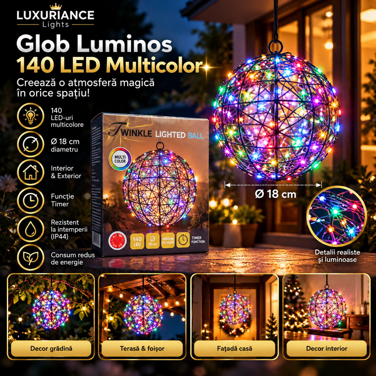 Glob luminos cu 140 LED-uri multicolore, Ø18 cm