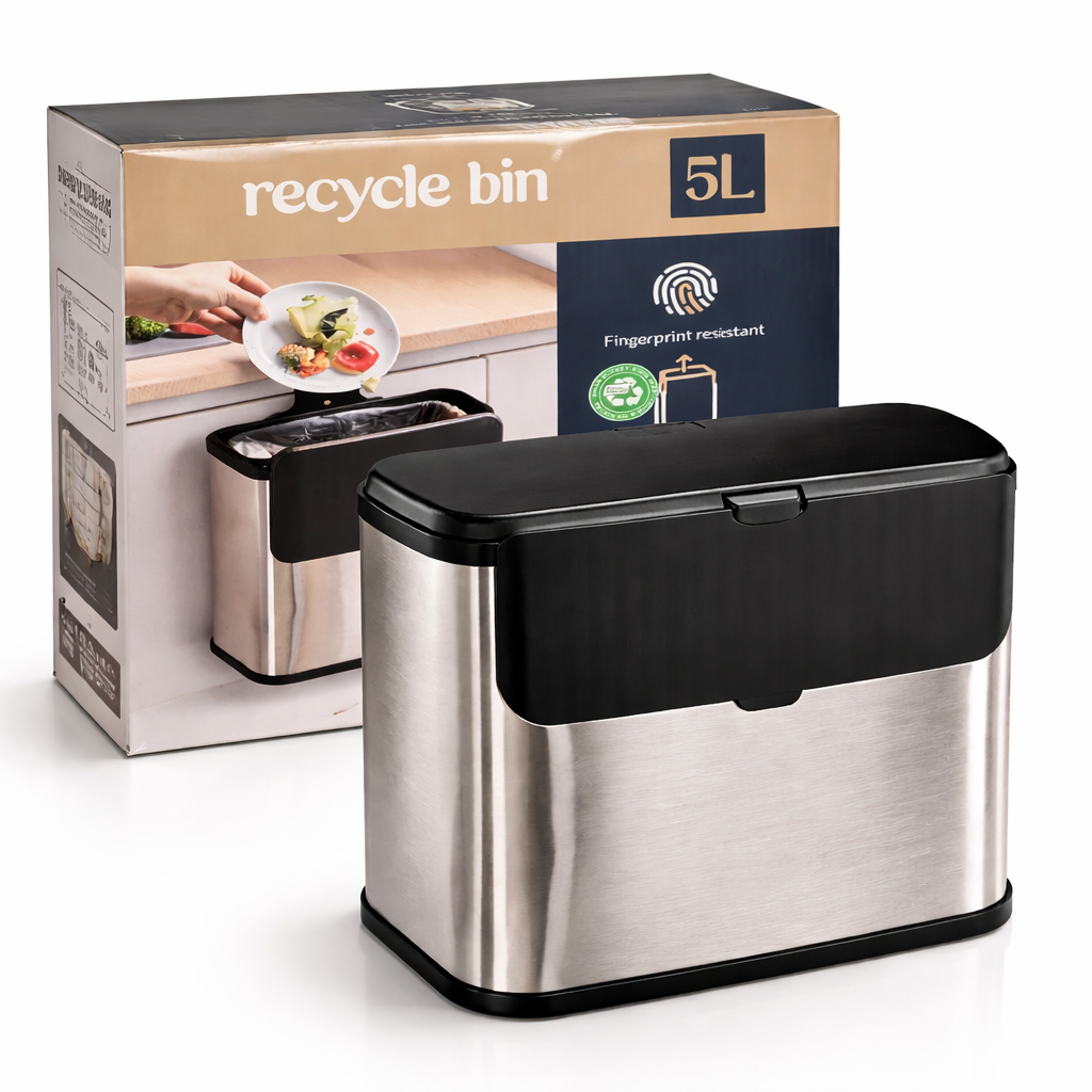S-Eye Cos de Gunoi Suspendat 5L Inox – Rezistent la Amprente | Galeata Detasabila 100% Reciclata | Montaj Usa Dulap Bucatarie