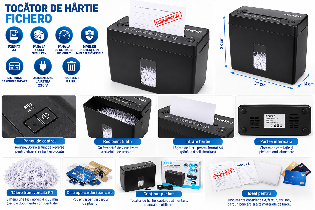 🗄️ Tocător de Hârtie Cross-Cut P4 – Coș 8L, 30 Pagini/Minut, Taie și Carduri, Mâner Transport