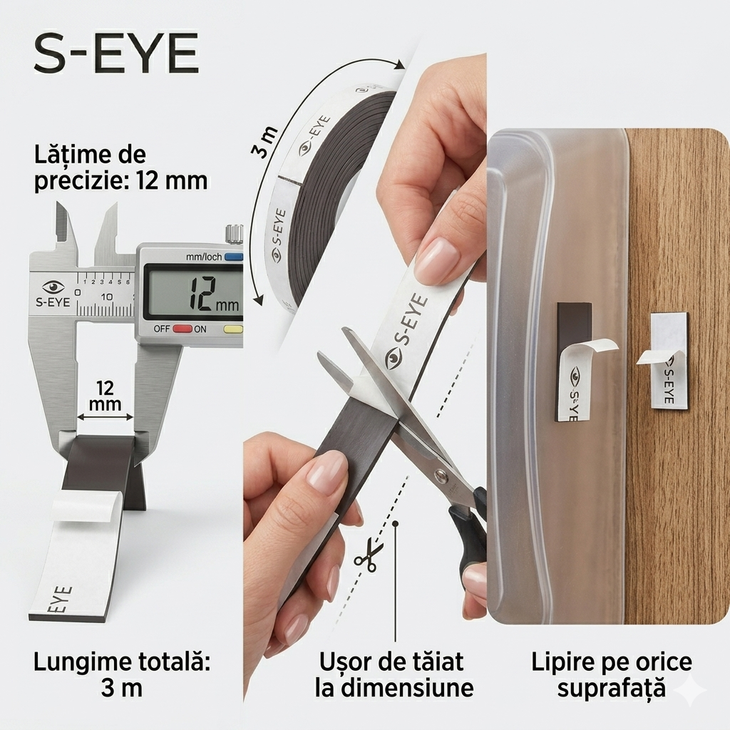Bandă Magnetică Autoadezivă S-EYE 12mm x 3m – Flexibilă, Ultra-Puternică, Tăiere Liberă