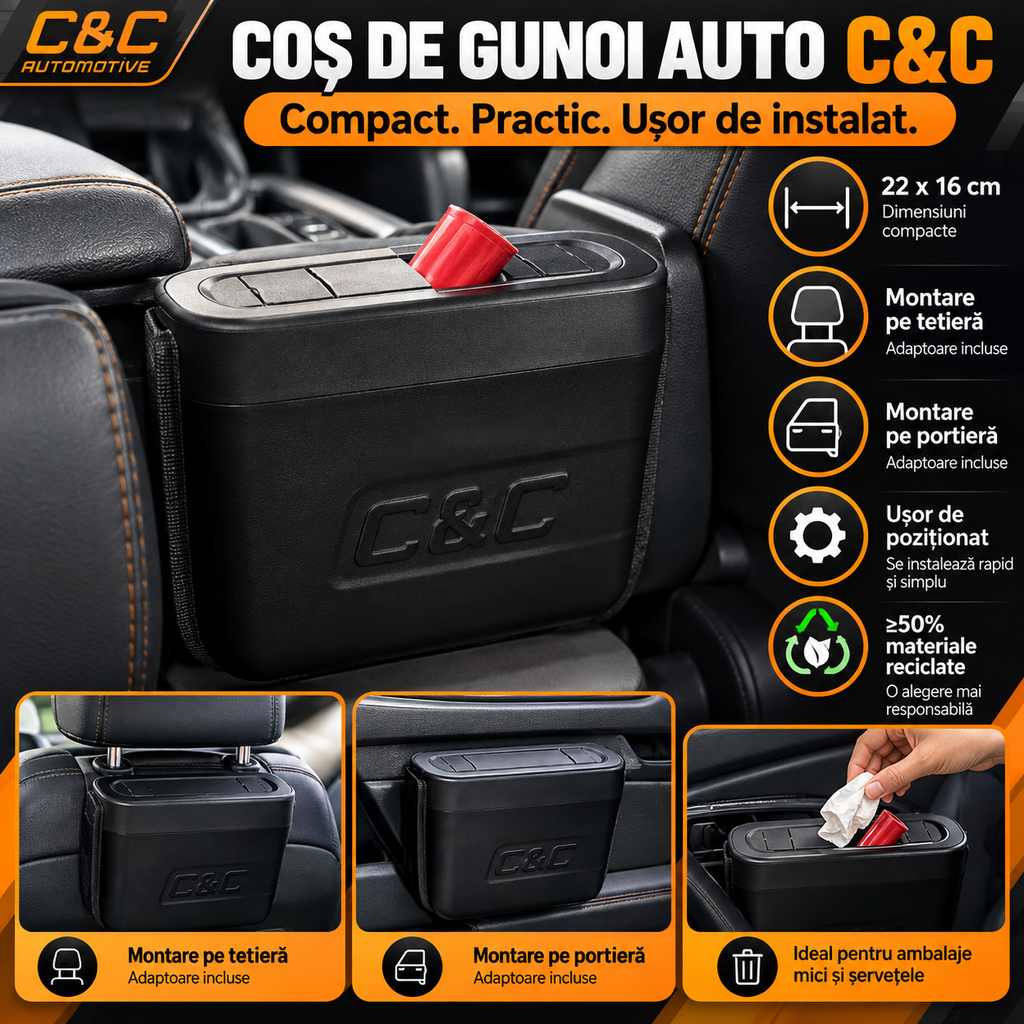 🚗 Coș de Gunoi Auto C&C Automotive 22x16 cm – Montaj pe Portieră sau Tetieră, 2 Adaptoare
