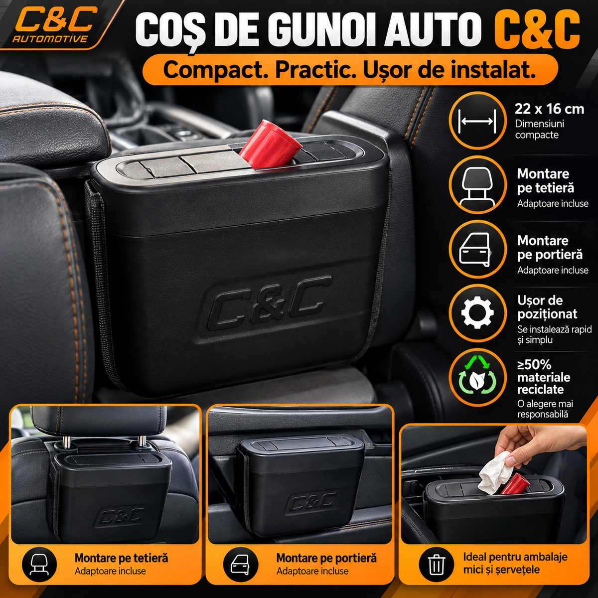 🚗 Coș de Gunoi Auto C&C Automotive 22x16 cm – Montaj pe Portieră sau Tetieră, 2 Adaptoare