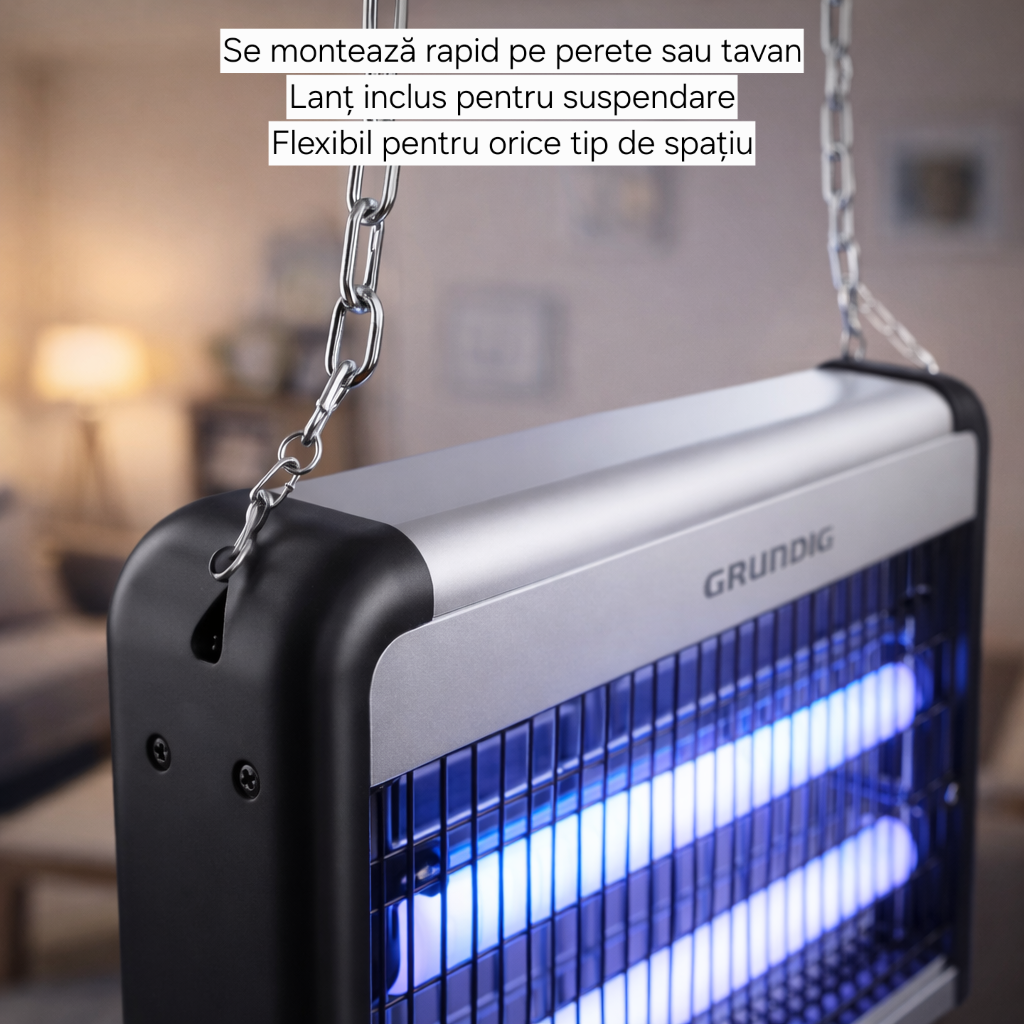Aparat Anti-Insecte Electric Grundig 4W, Tuburi UV, Grila Electrica, Acoperire 20mp, Silentios, Fara Chimicale, Cablu 1.2m, Suspendare