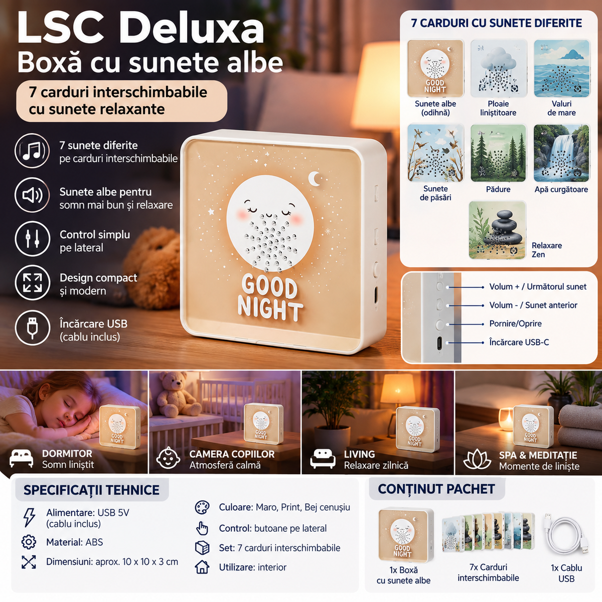 Aparat Zgomot Alb Deluxa cu 7 Sunete de Relaxare, 7 Carduri și Timer USB-C – imaginea 1