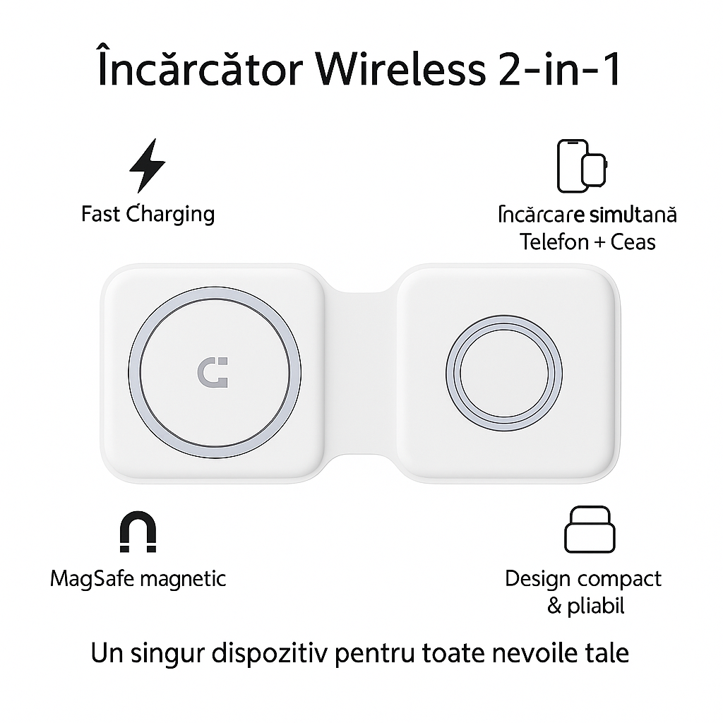 Incarcator Wireless 2in1 S-Eye DuoFold 15W, Fast Charging, USB-C, Telefon si Apple Watch, AirPods, Pliabil, Compatibil Qi – iPhone Samsung