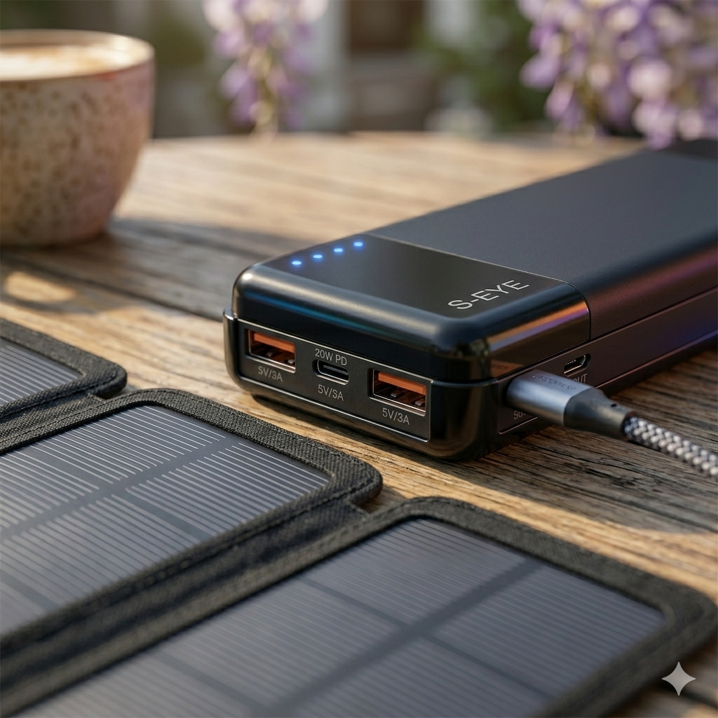 Baterie Externă Solară S-Eye 20.000 mAh — 4 Panouri Pliabile, Power Delivery 20W, USB-A + USB-C