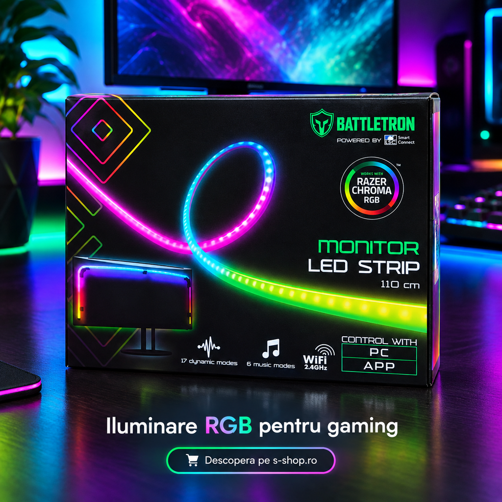 💡 Bandă LED Monitor Battletron RGB 110cm – Razer Chroma, WiFi, Control din Aplicație și PC