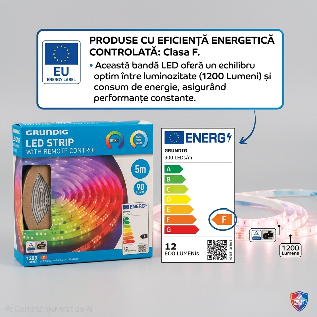 Grundig Bandă LED RGBIC 5m cu Telecomandă | Multicolor + Alb Reglabil CCT | 90 LED/m | 1200 Lumeni